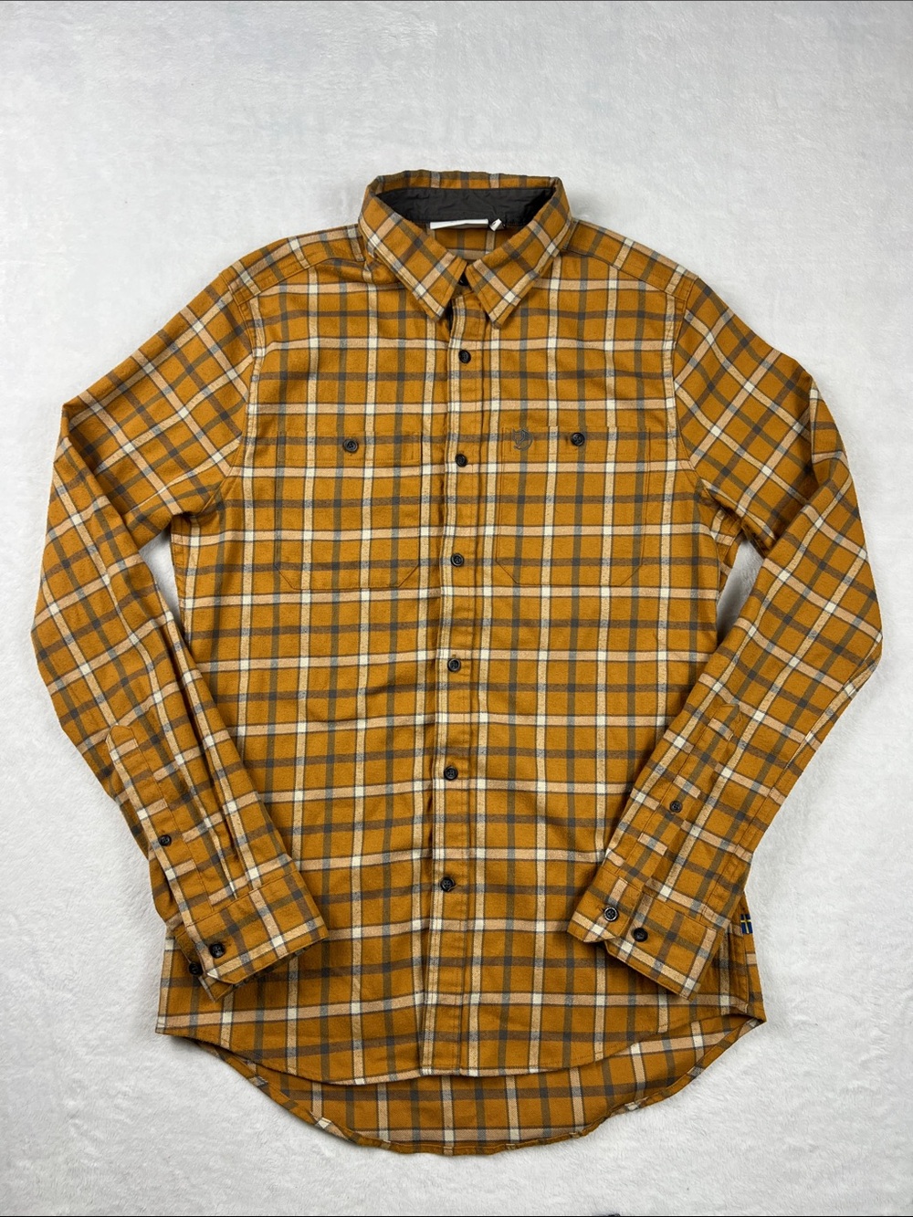 Fjallraven Ovik Acorn Brown Plaid Flannel Shirt Mens Medium Slim Fit Button Up